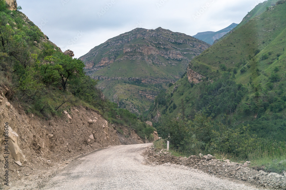 A dirt road winds through a mountain valley. The road is rocky and bumpy, and the trees lining the sides of the road are sparse. The sky is overcast, and the mood of the image is somewhat somber. A dirt road winds through a mountain valley. The road is rocky and bumpy, and the trees lining the sides of the road are sparse. The sky is overcast, and the mood of the image is somewhat somber.