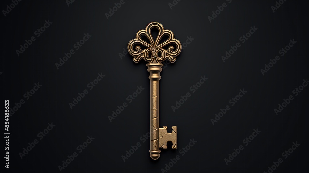 A 3D rendering of a gold-colored key with intricate details on a black background. A 3D rendering of a gold-colored key with intricate details on a black background.