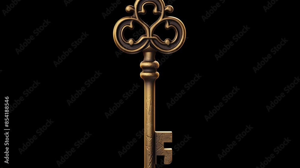 The image is a 3D rendering of a gold key. The key is old and worn, with a few scratches on the surface. The image is a 3D rendering of a gold key. The key is old and worn, with a few scratches on the surface.