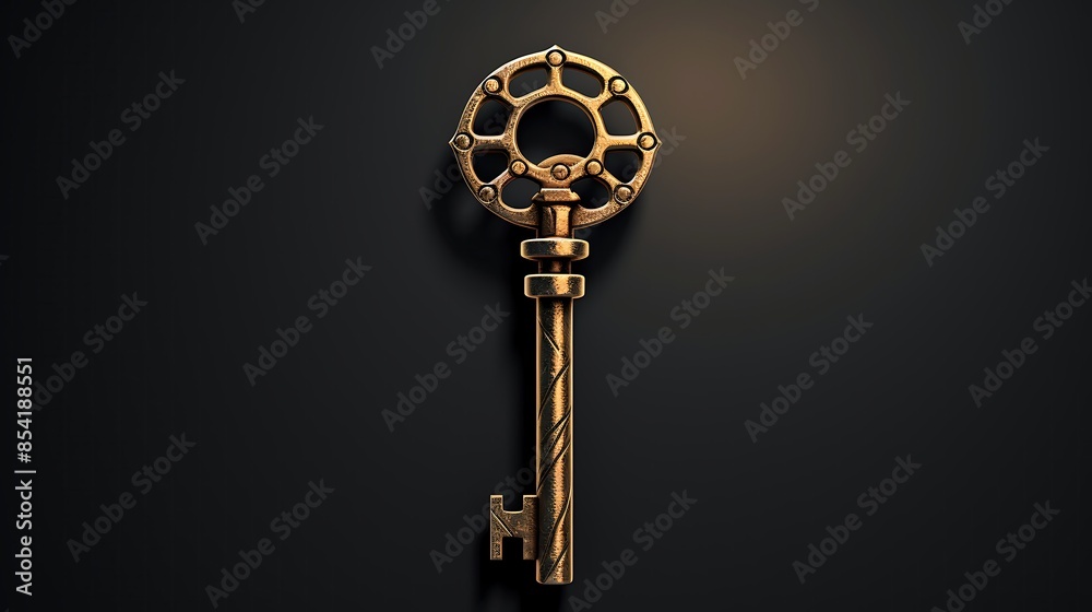 Obraz premium A 3D rendering of a gold skeleton key. The key is lying on a solid black background. The key is highly detailed and looks like it is made of metal.