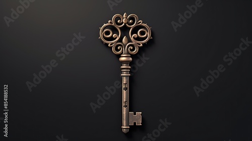 The image is a 3D rendering of a vintage key. The key is made of metal and has a detailed design. The key is on a black background. photo
