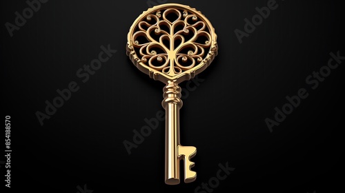 Wallpaper Mural This is a 3D rendering of a gold key. The key is ornate and has a filigree design. The key is on a black background. Torontodigital.ca