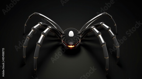 3D rendering of a black and metallic spider with glowing orange eyes. The spider is standing on a dark surface and is looking at the viewer. photo