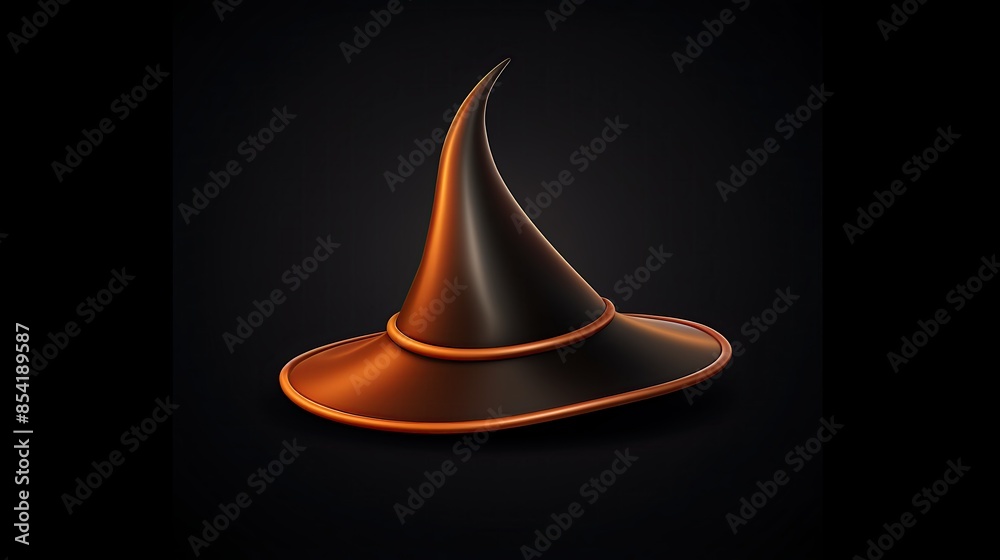 Fototapeta premium 3D rendering of a witch hat. The hat is black and has a tall, pointed crown. The brim of the hat is wide and has a slight curve.