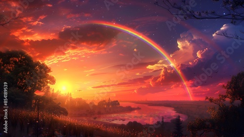 beautiful rainbow in the nature at sunset hd realistic image