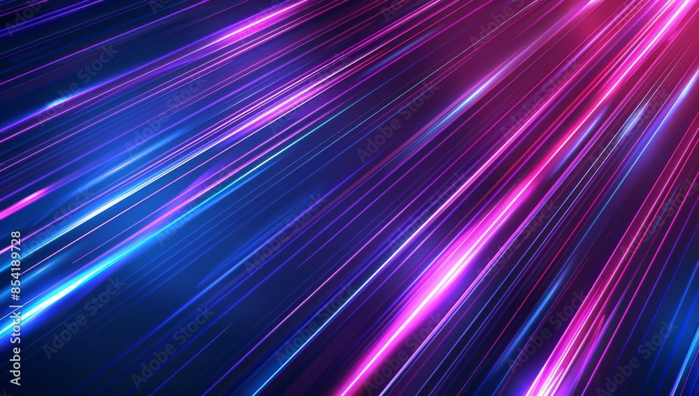 Neon light rays background with blue and purple glowing lines, with a motion effect. Abstract futuristic wallpaper design for technology or digital concepts.