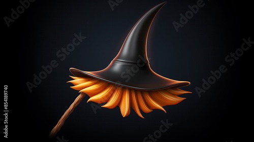 3D rendering of a black witch hat with orange flower petals on a dark background. The petals are shaped like flames. photo