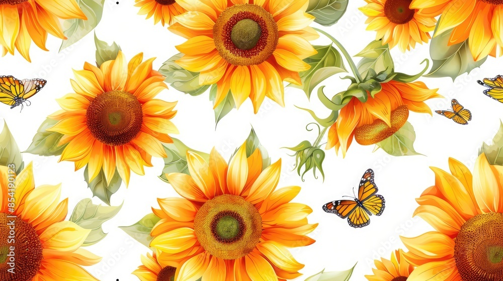 Obraz premium Colorful Sunflowers and Butterflies Seamless Pattern on White Background