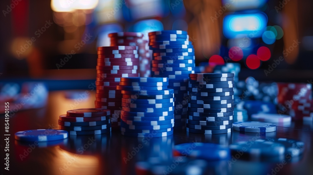 Close-up image of stacked casino chips in various colors. Vibrant poker game scene. Online casino Close-up image of stacked casino chips in various colors. Vibrant poker game scene. Online casino