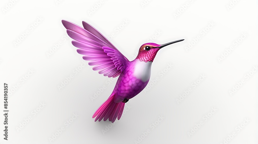 Obraz premium A beautiful hummingbird with bright pink feathers is flying in mid-air. The bird has its long, thin beak extended as it hovers in place.