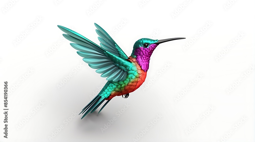 Obraz premium A small, colorful hummingbird is flying in mid-air. It has its long, thin beak extended as it hovers in place.