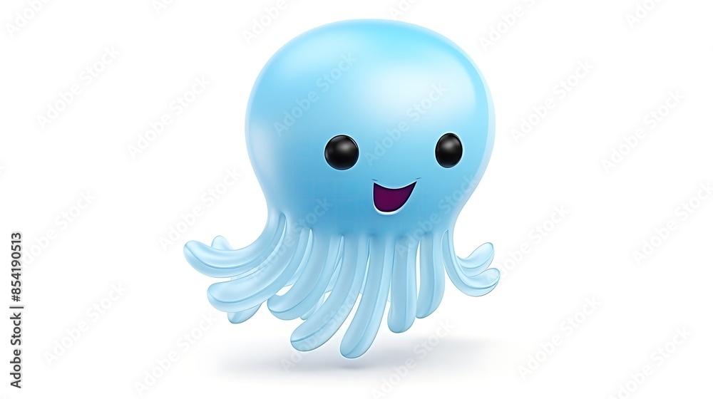 Cute and simple 3D illustration of a blue jellyfish. The jellyfish has a happy expression on its face and is surrounded by a white background. Cute and simple 3D illustration of a blue jellyfish. The jellyfish has a happy expression on its face and is surrounded by a white background.