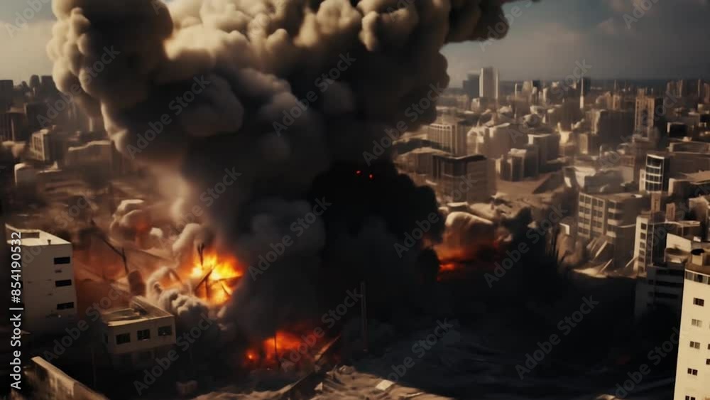 Animation of a war in a city of the Middle East, with bombs on the buildings, with fire, explosions, smoke, particles and collapses	