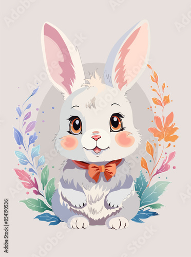 Cute rabbit with flowers on the purple background