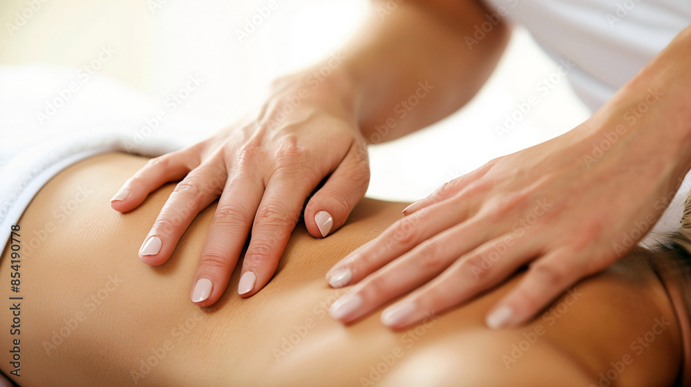 Close-up of a masseuse's hands giving a woman a back massage Close-up of a masseuse's hands giving a woman a back massage
