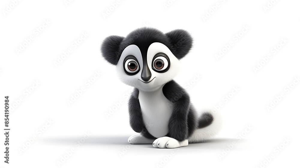Obraz premium A cute and cuddly lemur with big eyes and a long tail. It is sitting on a white background and looking at the camera with a curious expression.