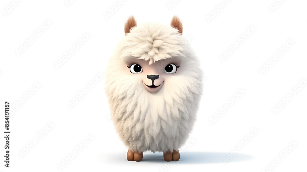 Obraz premium Cute and fluffy llama standing on a white background. The llama has a happy expression on its face and is looking at the viewer.
