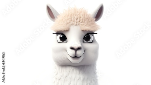 3D rendering of a cute llama with big eyes and a fluffy blonde hair. The llama is looking at the camera with a friendly expression. © BozStock