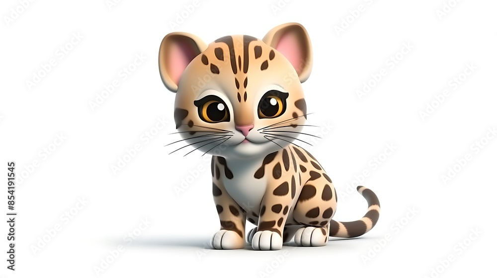 Cute cartoon baby ocelot sitting down, looking at the camera with big eyes. 3D rendering. Cute cartoon baby ocelot sitting down, looking at the camera with big eyes. 3D rendering.