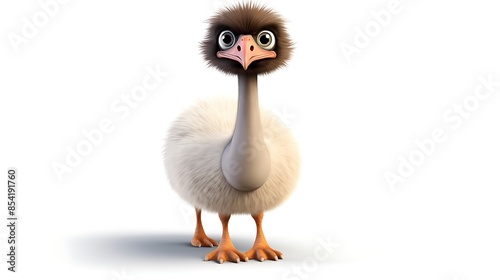 A cute and fluffy ostrich chick stands on a white background. The ostrich has big, round eyes and a curious expression on its face.