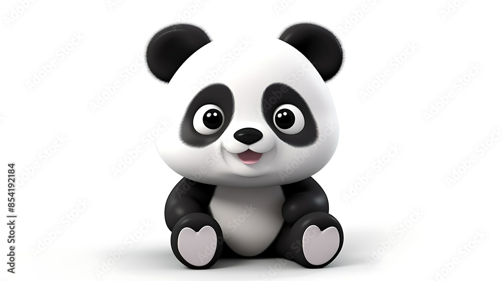Fototapeta premium 3D rendering of a cute and cuddly panda bear sitting on a white background. The panda has big, round eyes and a friendly smile on its face.