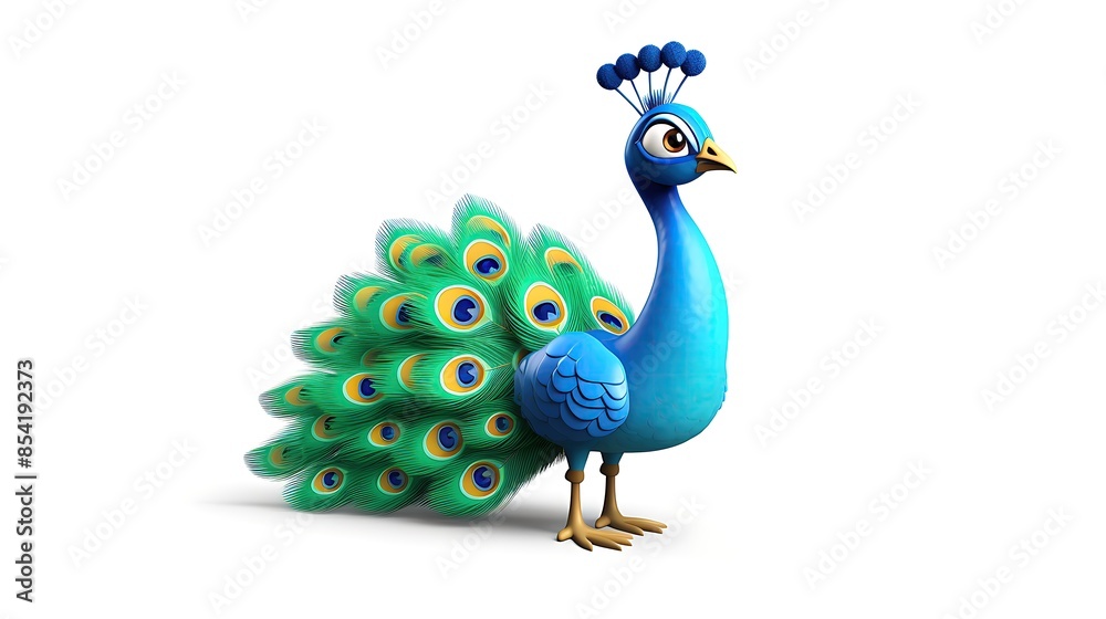 Fototapeta premium A cartoon peacock with bright blue and green feathers. It has a proud expression on its face and is looking to the side.