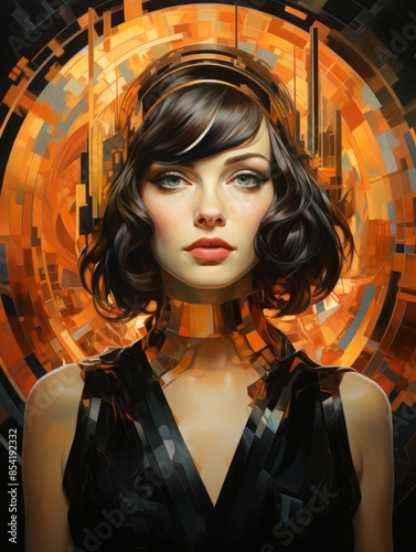 portrait of a young woman in the Art Deco style with a hairstyle and dress in the style of the 1920s.