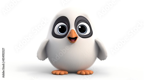 A cute and cuddly baby penguin with big eyes and a fluffy white coat. It is standing on two feet and has a happy expression on its face.