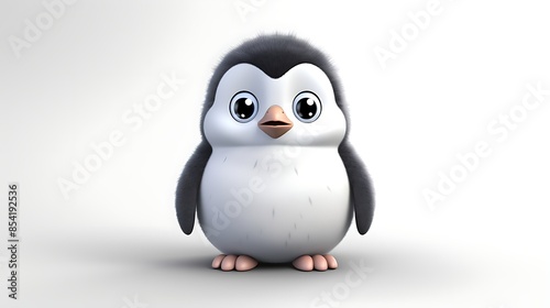 3D illustration of a cute and fluffy penguin. It has big blue eyes and a bright orange beak. © BozStock