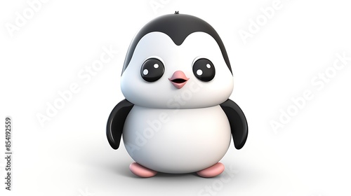 This adorable penguin is standing on a white background. It has big, round eyes and a bright orange beak.