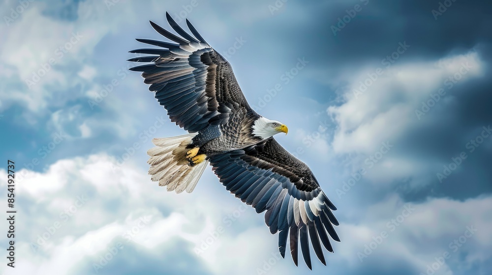 Naklejka premium Photograph of a majestic eagle soaring through the sky, its wings outstretched.