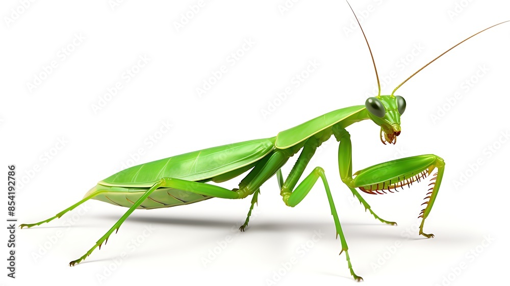 A green praying mantis is isolated on a white background. The insect is standing on its six legs and has its wings folded closed. A green praying mantis is isolated on a white background. The insect is standing on its six legs and has its wings folded closed.