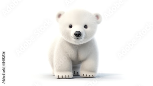 Cute polar bear cub sitting on a white background. The bear is looking at the camera with a curious expression. © BozStock