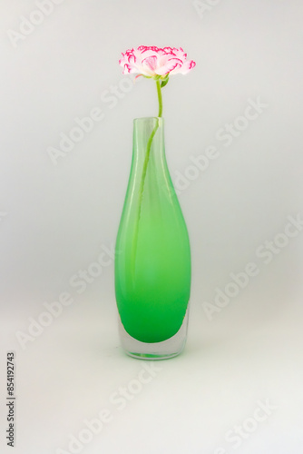 Pink Flowers in a Green Handmade Artisanal Glass Vase Decoration Living Room 