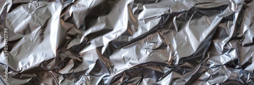 Abstract aluminum folded shiny metal silver foil crumpled texture background. Top view