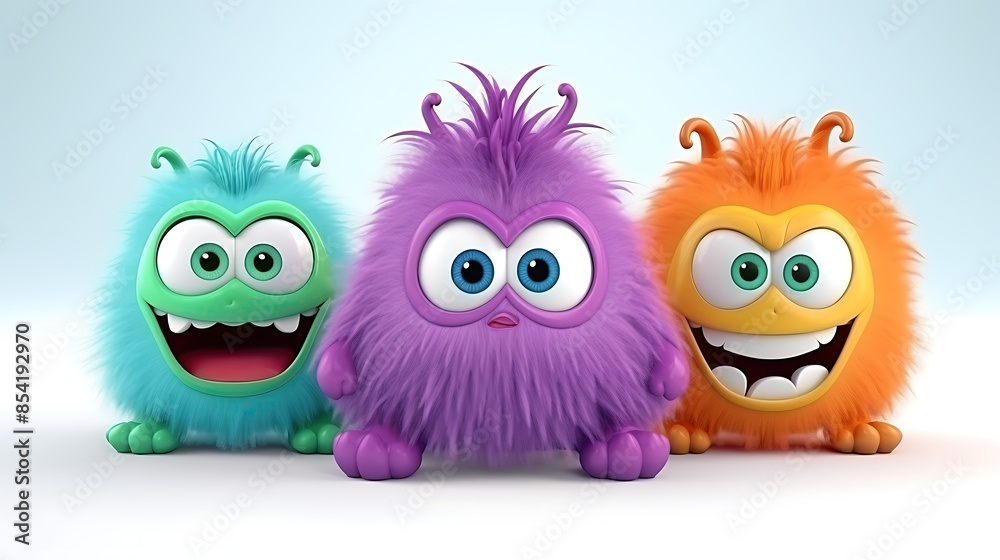 Three cute and colorful monsters. They are all different colors and have different expressions on their faces.