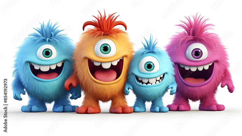Fototapeta premium The image shows a group of four colorful and friendly monsters. They have one eye and a big smile on their faces.