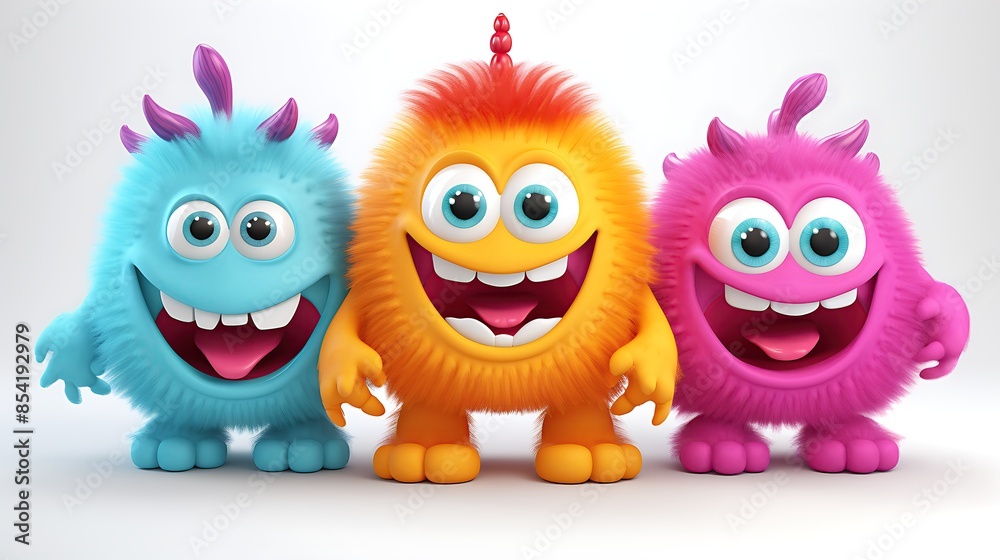 Fototapeta premium Three cute and colorful monsters are standing in a row. They have big eyes, toothy smiles, and furry bodies.
