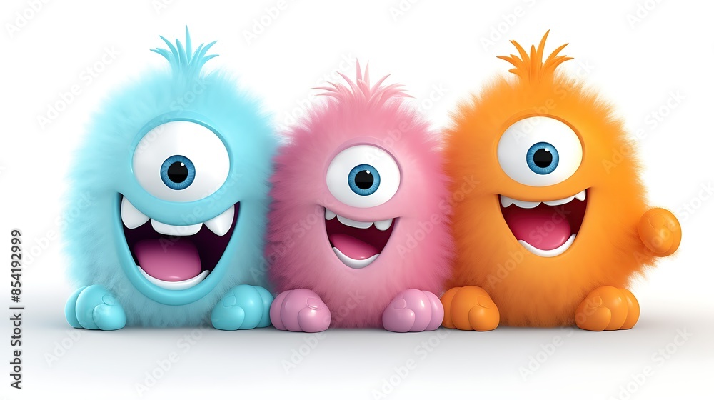 Three cute and colorful monsters are sitting in a row on a white background. They are all smiling and have one eye. Three cute and colorful monsters are sitting in a row on a white background. They are all smiling and have one eye.