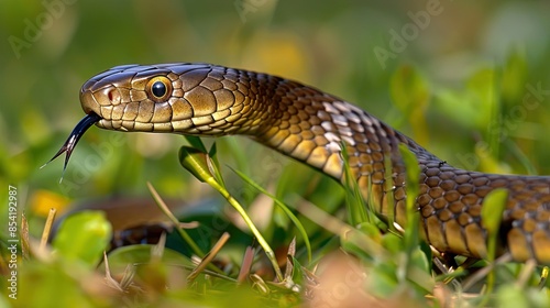 Photograph of a snake slithering through the grass, its tongue flicking out to taste the air.