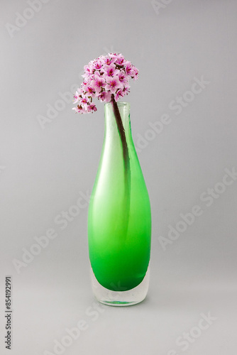Pink Flowers in a Green Handmade Artisanal Glass Vase Decoration Living Room 