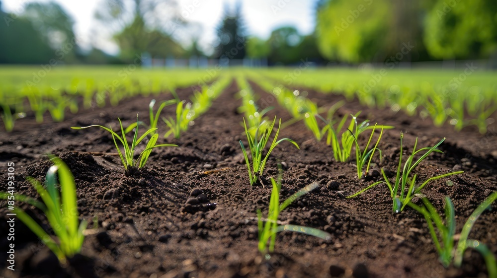 Photograph of a soccer field with a close-up focus on the grass, highlighting the individual blades and the texture of the soil. Photograph of a soccer field with a close-up focus on the grass, highlighting the individual blades and the texture of the soil.