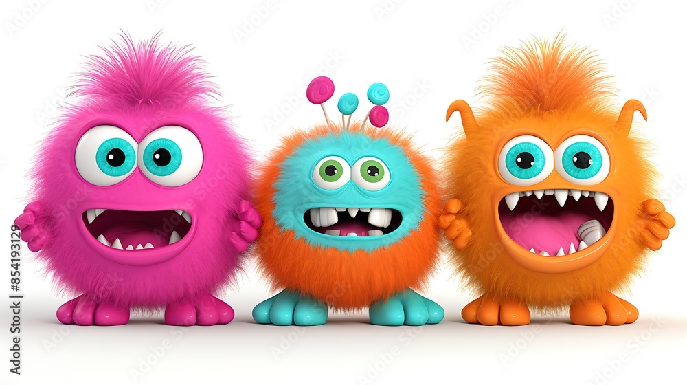 Three cute and colorful monsters standing in a row. They have big eyes, sharp teeth, and fluffy fur. The monsters are pink, blue, and orange. Three cute and colorful monsters standing in a row. They have big eyes, sharp teeth, and fluffy fur. The monsters are pink, blue, and orange.
