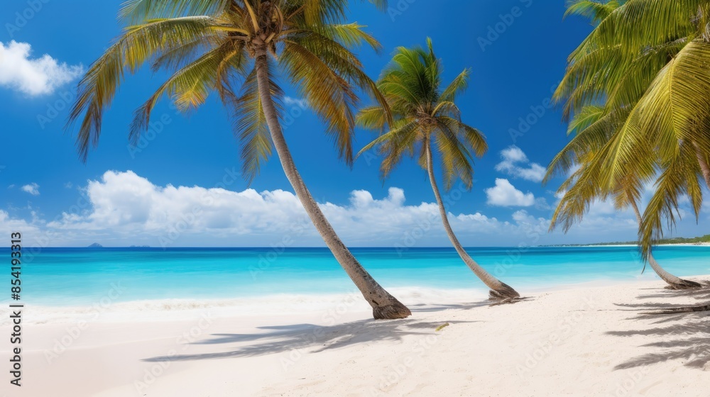 Photograph of a vibrant summer scene with towering palm trees swaying gently in the breeze on a pristine Mexican beach, with turquoise waters and soft white sand Photograph of a vibrant summer scene with towering palm trees swaying gently in the breeze on a pristine Mexican beach, with turquoise waters and soft white sand