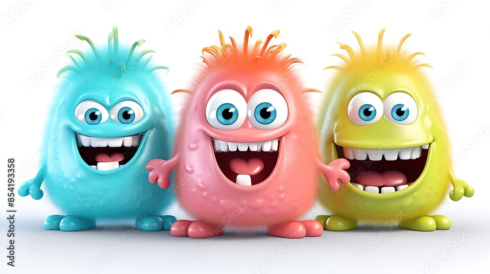Fototapeta premium Three cute and colorful monsters are standing in a row. They have big eyes, toothy smiles, and fuzzy hair.
