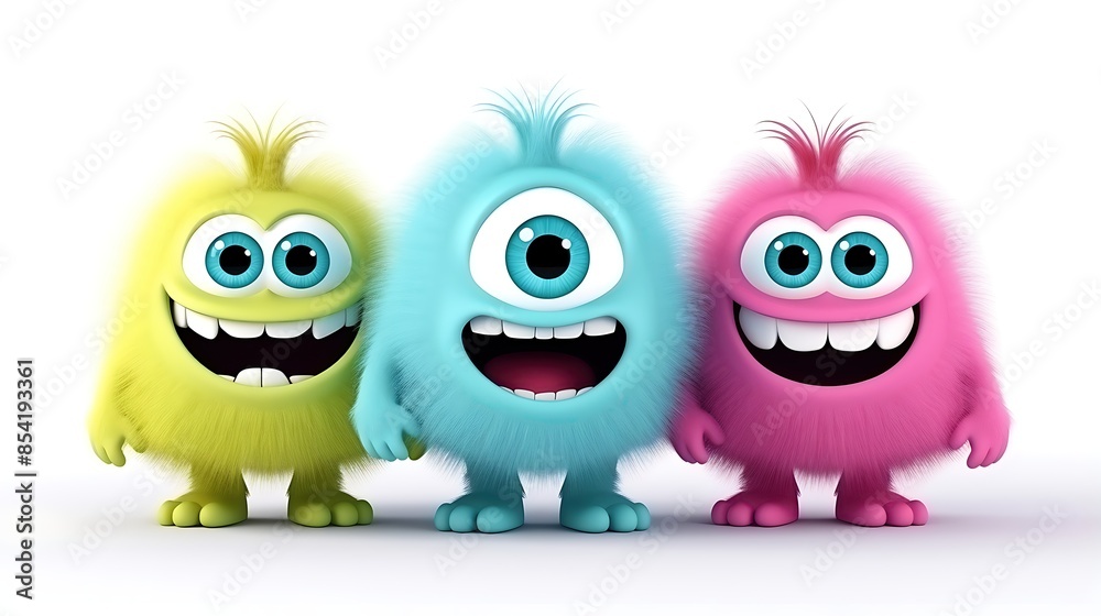 Three cute and colorful monsters standing together and smiling. They are all different colors and have one eye. Three cute and colorful monsters standing together and smiling. They are all different colors and have one eye.