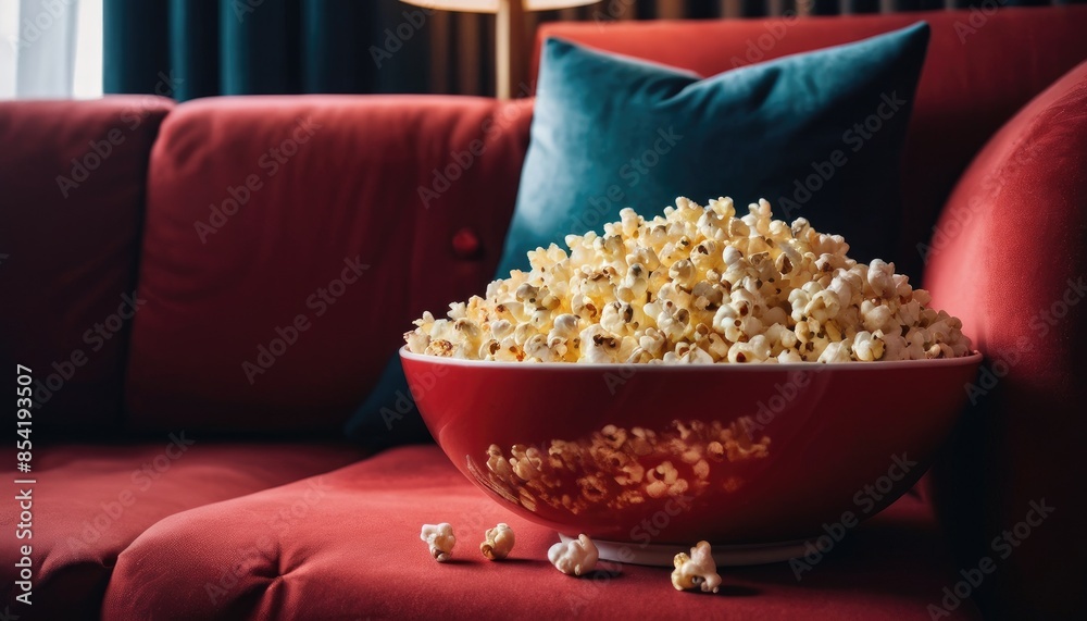 A warm and inviting living room scene featuring a bowl of freshly popped popcorn ready for a movie marathon A warm and inviting living room scene featuring a bowl of freshly popped popcorn ready for a movie marathon