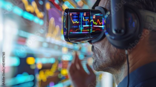 A man wearing a virtual reality headset is looking at a screen with a lot of num