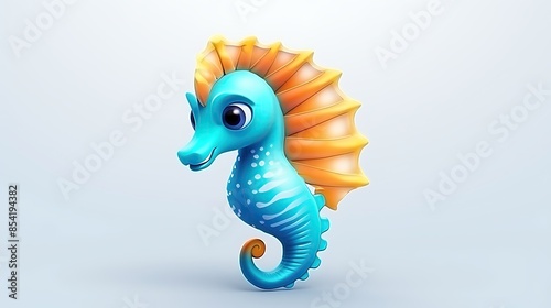 3D rendering of a cute and colorful cartoon-style baby seahorse. The seahorse is blue and yellow, with a big smile on its face.