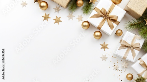Christmas and New Year background. Gift boxes, golden balls and confetti on white background. Flat lay, top view, copy space.